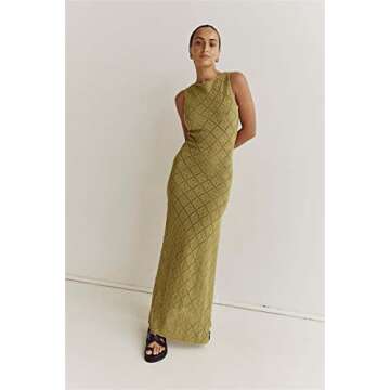 Yuemengxuan Women Sexy Knitted Maxi Dress Crochet See Through Bodycon Maxi Dress Swimsuit Cover up Dress Beach Swimwear (Green-B, S)