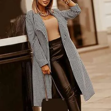 Elegant Maqroz Women's Houndstooth Long Cardigan Jacket