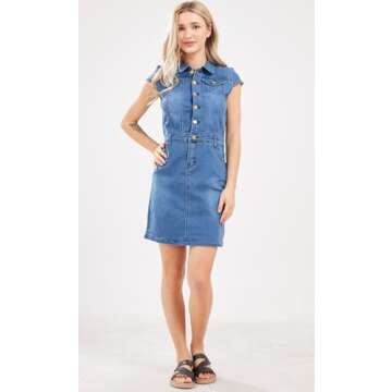 chouyatou Women's Cap Sleeve Bodycon 1/2 Button Placket Mini Denim Pencil Dress