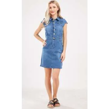 chouyatou Women's Cap Sleeve Bodycon 1/2 Button Placket Mini Denim Pencil Dress