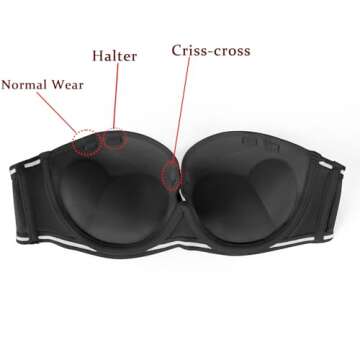 Plusexy Women's Push Up Strapless Bra Thick Padded Underwire Convertible Multiway Bras Black 36B