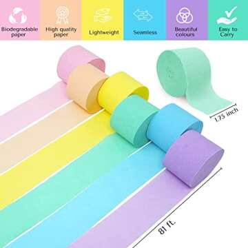 NPI Crepe Paper Party Streamers - Pastel Rainbow Decor 81ft