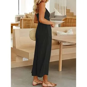 ANRABESS Women Summer Casual Spaghetti Strap Sleeveless V Neck Cutout Linen Wide Leg One Piece Jumpsuit Dressy Romper Outfits black Medium