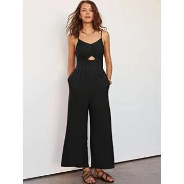 ANRABESS Women Summer Casual Spaghetti Strap Sleeveless V Neck Cutout Linen Wide Leg One Piece Jumpsuit Dressy Romper Outfits black Medium