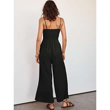 ANRABESS Women Summer Casual Spaghetti Strap Sleeveless V Neck Cutout Linen Wide Leg One Piece Jumpsuit Dressy Romper Outfits black Medium