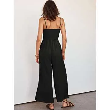 ANRABESS Women Summer Casual Spaghetti Strap Sleeveless V Neck Cutout Linen Wide Leg One Piece Jumpsuit Dressy Romper Outfits black Medium