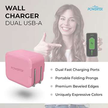 Liquipel Powertek Dual USB-A Wall Charger, Beveled Edges, Foldable, Compact, Pastel Colors (Pink)