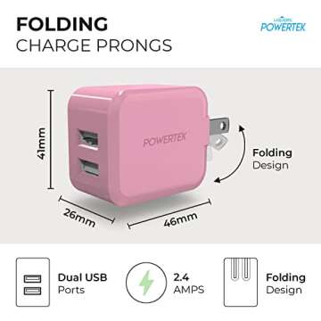 Liquipel Powertek Dual USB-A Wall Charger, Beveled Edges, Foldable, Compact, Pastel Colors (Pink)