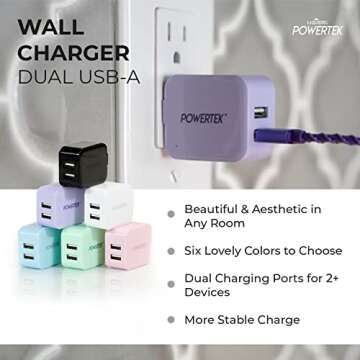 Liquipel Powertek Dual USB-A Wall Charger, Beveled Edges, Foldable, Compact, Pastel Colors (Pink)