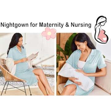 Ekouaer Nightgowns for Women Button Up Night Shirt Short Sleeve Lounge Dress Classic Boyfriend Night Dress Light Blue M