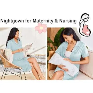 Ekouaer Nightgowns for Women Button Up Night Shirt Short Sleeve Lounge Dress Classic Boyfriend Night Dress Light Blue M