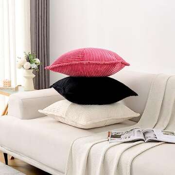 HAUSSY Pure White Throw Pillow Covers 20x20 Inch Set of 2,Soft Solid Corduroy Striped/Wide Bordered,Square Decorative Cushion Case,Winter Home Decorations for Couch,Bed