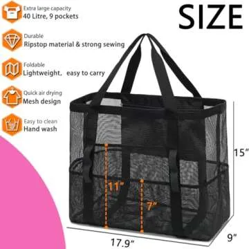 Fammart Mesh Beach Bag, Large Beach Tote with Zipper Pocket for Family Pool Bag for Toys & Vacation Essentials