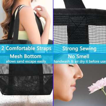 Fammart Mesh Beach Bag, Large Beach Tote with Zipper Pocket for Family Pool Bag for Toys & Vacation Essentials