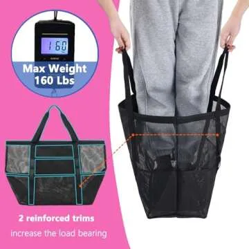 Fammart Mesh Beach Bag, Large Beach Tote with Zipper Pocket for Family Pool Bag for Toys & Vacation Essentials
