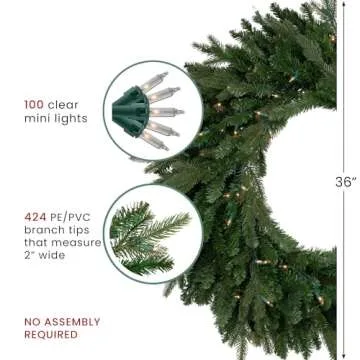 Northlight Pre-Lit Grande Spruce Artificial Christmas Wreath Clear Lights, 36", Green