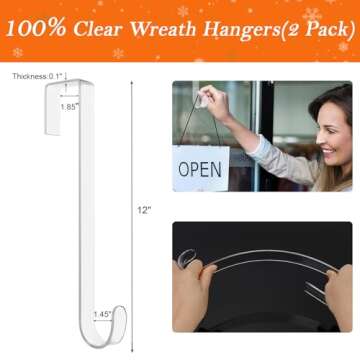 12 in Wreath Hangers - Clear Over The Door Hooks, 2 Pack Non-Scratch Hooks for Easter, Christmas, Ha...