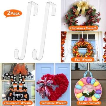 12 in Wreath Hangers - Clear Over The Door Hooks, 2 Pack Non-Scratch Hooks for Easter, Christmas, Halloween & Fall Wreath Decorations, Welcome Sign for Front Door