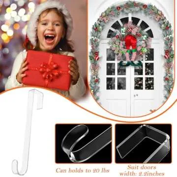12 in Wreath Hangers - Clear Over The Door Hooks, 2 Pack Non-Scratch Hooks for Easter, Christmas, Halloween & Fall Wreath Decorations, Welcome Sign for Front Door