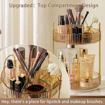 shuang qing 360° Rotating Makeup Organizer, High-Capacity Bathroom Countertop Vanity Organizers, 2 Tier Spinning Skincare Storage, for Perfume/Cosmetic/Makeup Brushes/Lotion（Gold）