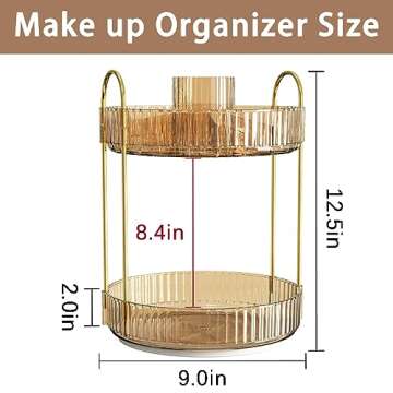 shuang qing 360° Rotating Makeup Organizer, High-Capacity Bathroom Countertop Vanity Organizers, 2 Tier Spinning Skincare Storage, for Perfume/Cosmetic/Makeup Brushes/Lotion（Gold）