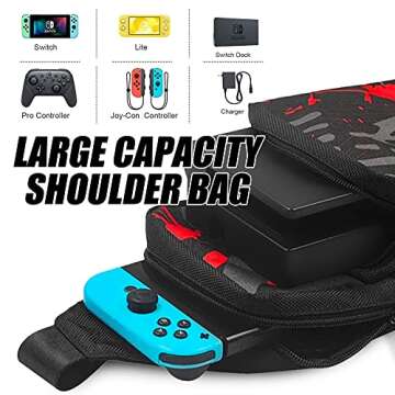 GOLDCHAMP Switch Travel Bag, Portable Nylon Water Resistant Shoulder Bag Storage Backpack, for Nintendo Switch Console/Dock/Switch Accessories, Chest Bag compatible with Nintendo Switch