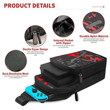 GOLDCHAMP Switch Travel Bag, Portable Nylon Water Resistant Shoulder Bag Storage Backpack, for Nintendo Switch Console/Dock/Switch Accessories, Chest Bag compatible with Nintendo Switch