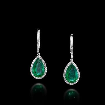18K White Gold Drop Earrings, 4.39 Carat Pear Shape Emerald With 0.33 Carat Diamond Side Stones (BR,...