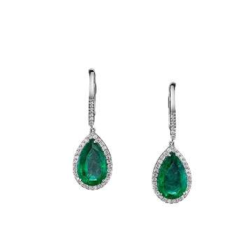 18K White Gold Drop Earrings, 4.39 Carat Pear Shape Emerald With 0.33 Carat Diamond Side Stones (BR, G, VS) 4.72 TCW, Dainty Gold Jewelry, Fine Gemstone Jewelry, Gifts For Women, Earrings For Women