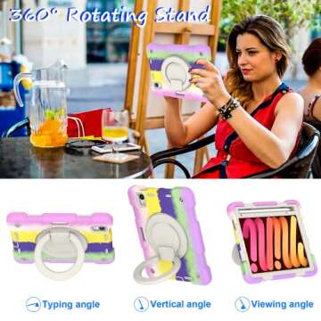 Andnary Case for 2024 iPad Mini 7 A17 Pro/2021 Mini 6 8.3 Inch Case with Built-in Pencil Holder/360° Rotating Handle Stand, Drop-Proof Cover for iPad Mini 7th/6th Generation, Colorful Purple