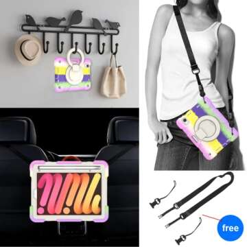 Andnary Case for 2024 iPad Mini 7 A17 Pro/2021 Mini 6 8.3 Inch Case with Built-in Pencil Holder/360° Rotating Handle Stand, Drop-Proof Cover for iPad Mini 7th/6th Generation, Colorful Purple