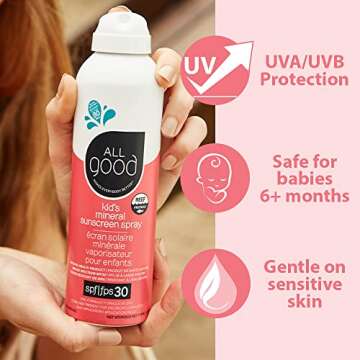 All Good Baby & Kids Sunscreen Spray - UVA/UVB Broad Spectrum, SPF 30, Zinc Oxide, Coral Reef Friendly, Water Resistant, Calendula, Aloe (6 oz)