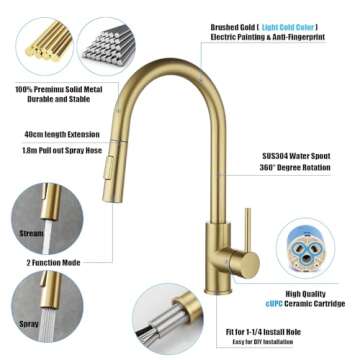 Havin Gold Kitchen Faucet with Pull Down Sprayer, High Arc Stainless Steel Material, with cUPC Ceramic Cartridge,with 10" Deck Plate,Fit for 1 or 3 Holes Kitchen Sink or Laundry Sink,Brushed Gold