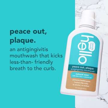 Hello Peace Out Plaque, Antigingivitis Alcohol Free Mouthwash, Natural Mint with Aloe Vera and Coconut Oil, Fluoride Free, Vegan, SLS Free and Gluten Free, 16 Ounce (Pack of 3)