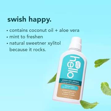 Hello Peace Out Plaque, Antigingivitis Alcohol Free Mouthwash, Natural Mint with Aloe Vera and Coconut Oil, Fluoride Free, Vegan, SLS Free and Gluten Free, 16 Ounce (Pack of 3)