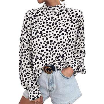 Valphsio Womens Long Sleeve Turtleneck Blouse Polka Dots Print Loose Nightout Shirt Tops White