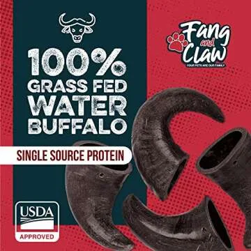 Water Buffalo Horn Dog Chew 4 Pack - Large 8" - All Natural Free Range Grass Fed Single Source Protein - No Chemicals, Additives, Hormones - Long Lasting, Good for Aggressive Chewers – by Fang & Claw