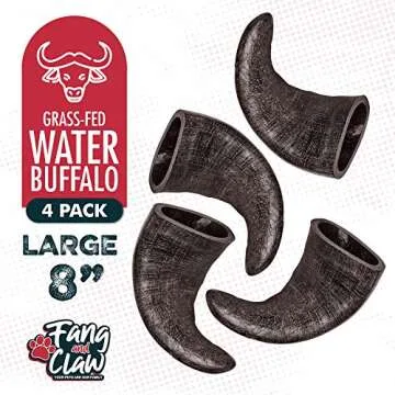 Water Buffalo Horn Dog Chew 4 Pack - Large 8" - All Natural Free Range Grass Fed Single Source Protein - No Chemicals, Additives, Hormones - Long Lasting, Good for Aggressive Chewers – by Fang & Claw
