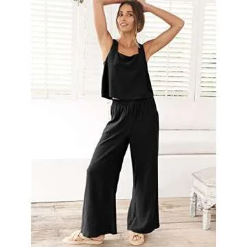 Prinbara Women's 2 Piece Outfits Lounge Sets Sleeveless Square Neck Linen Tank Crop Top Wide Leg Pants Matching Sets Black Medium