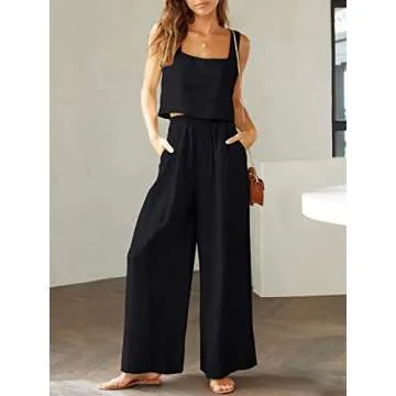 Prinbara Women's 2 Piece Outfits Lounge Sets Sleeveless Square Neck Linen Tank Crop Top Wide Leg Pants Matching Sets Black Medium