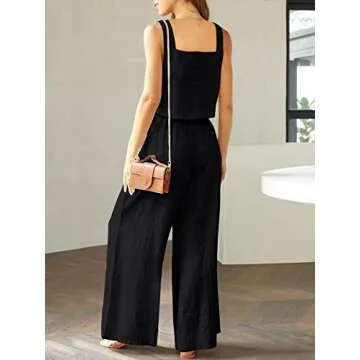 Prinbara Women's 2 Piece Outfits Lounge Sets Sleeveless Square Neck Linen Tank Crop Top Wide Leg Pants Matching Sets Black Medium