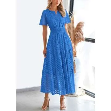 PRETTYGARDEN Womens 2025 Summer Maxi Dress Short Sleeve V Neck Hollow Out Eyelet A Line Long Flowy Beach Vacation Dresses (Blue,Large)