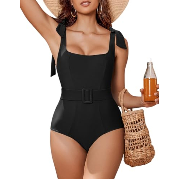 AI'MAGE Women's Belted One Piece Swimsuit 2024 Tie Shoulder Tummy Control Bathing Suits Swim Suit So...