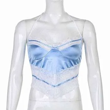 Glamaker Women’s Lace Patchwork Y2K Crop Top Sexy V Neck Spaghetti Strap Camisole Printed Slim E-Girl Tank Tops (Small, B-Blue)