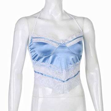 Glamaker Women’s Lace Patchwork Y2K Crop Top Sexy V Neck Spaghetti Strap Camisole Printed Slim E-Girl Tank Tops (Small, B-Blue)
