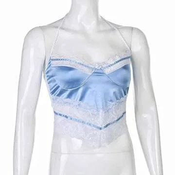 Glamaker Women’s Lace Patchwork Y2K Crop Top Sexy V Neck Spaghetti Strap Camisole Printed Slim E-Girl Tank Tops (Small, B-Blue)