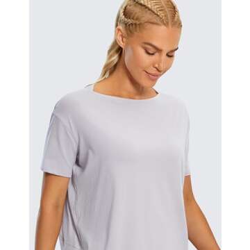 CRZ YOGA Women's Pima Cotton Short Sleeve Shirts Boat Neck Loose Fit Gym Workout T-Shirt Athletic Casual Tops Iced Iris Small