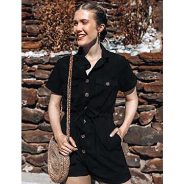 GRAPENT Women's Black Summer Casual Short Sleeves Button Down Pocket Belted Jumpsuits Rompers Size Medium (Fits US 8-10)