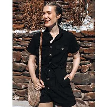 GRAPENT Women's Black Summer Casual Short Sleeves Button Down Pocket Belted Jumpsuits Rompers Size Medium (Fits US 8-10)