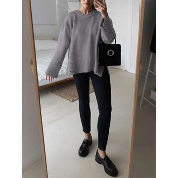 Caracilia Sweaters for Women Oversized Crewneck Long Sleeve Casual Loose Knit Pullover Sweater Top 2024 Fall Grey Small